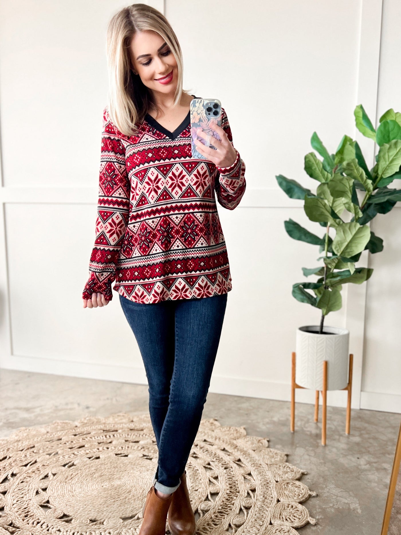 V Neck Sweater Knit Top In Red Snowflake