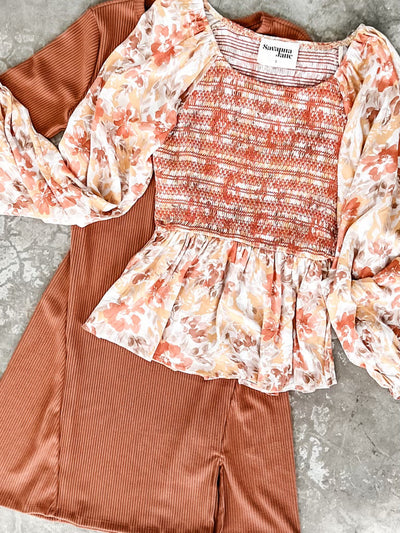 Ribbed Long Sleeve Dress With Slit Detail In Pumpkin Spice