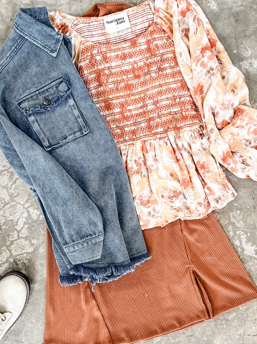 Ribbed Long Sleeve Dress With Slit Detail In Pumpkin Spice