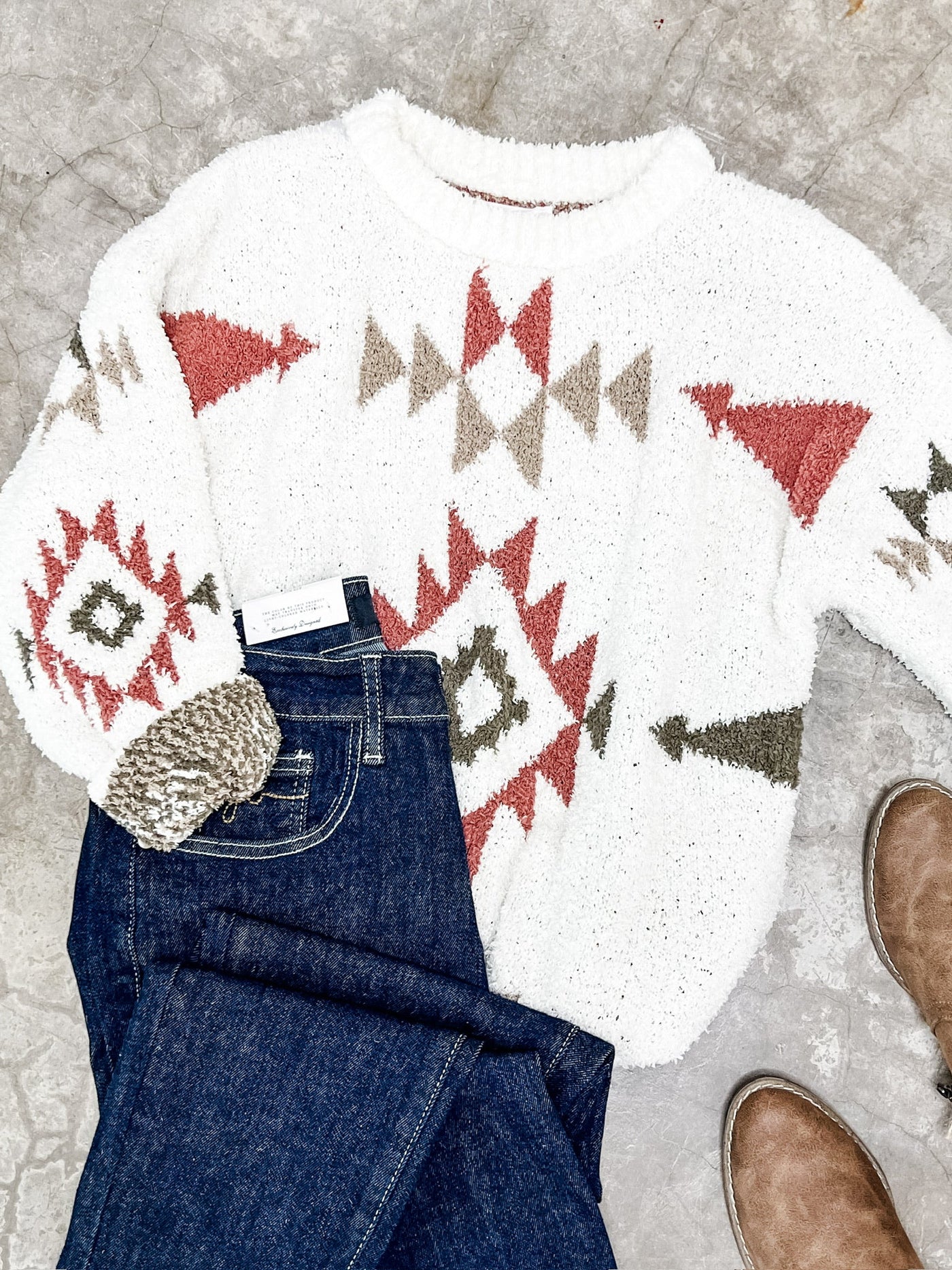Popcorn Aztec Sweater In Cream, Olive & Rust