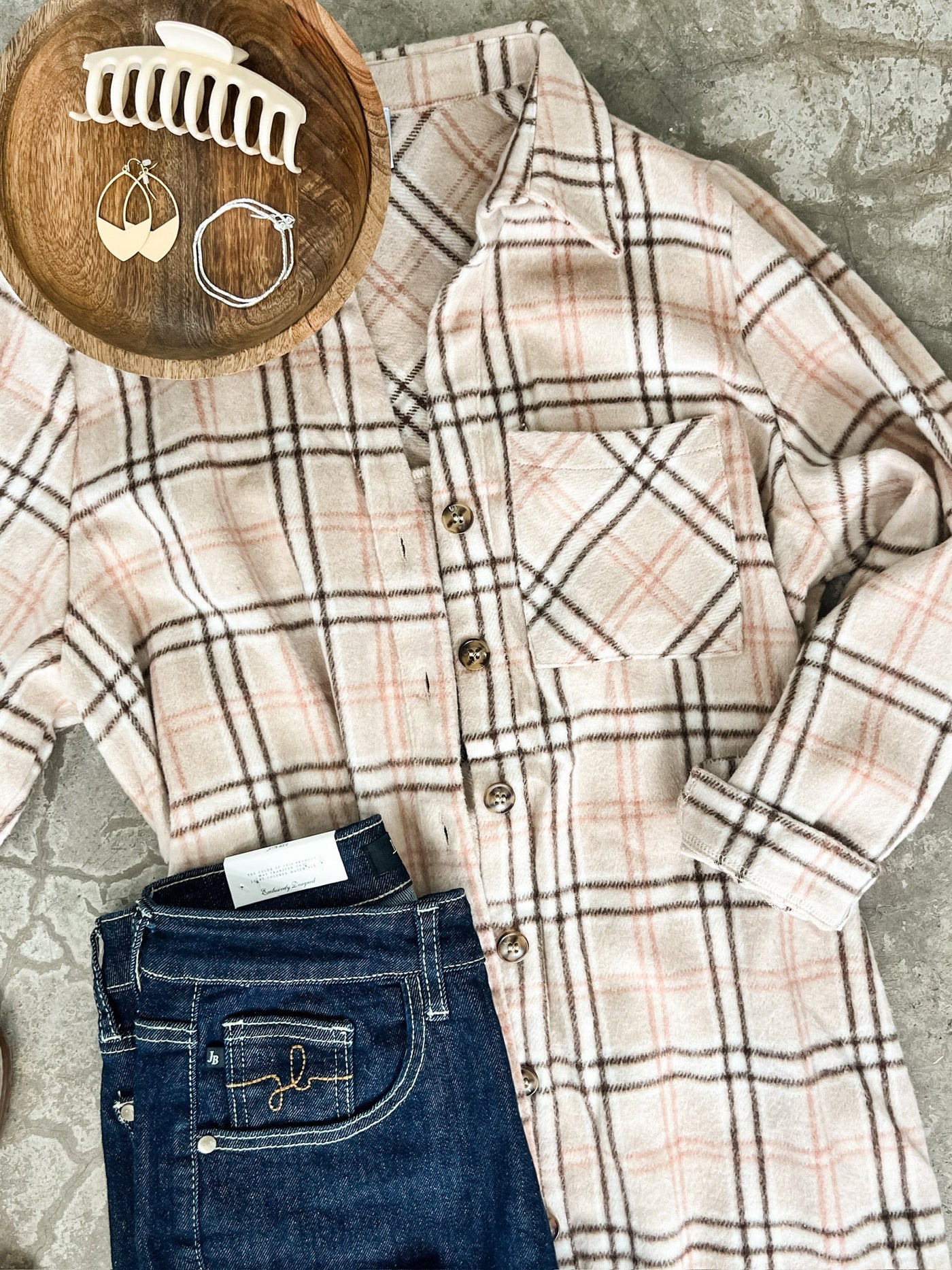 Plaid Button Up Tunic In Beige & Pink