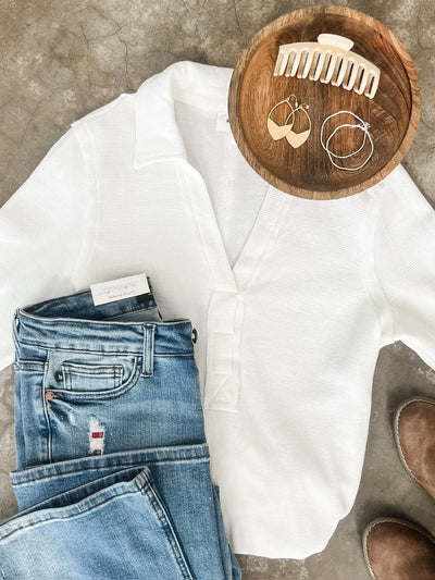 Collared Long Sleeve Thermal Knit Top In White
