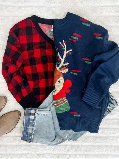 V Neck Long Sleeve Knit Top In Red Buffalo Plaid