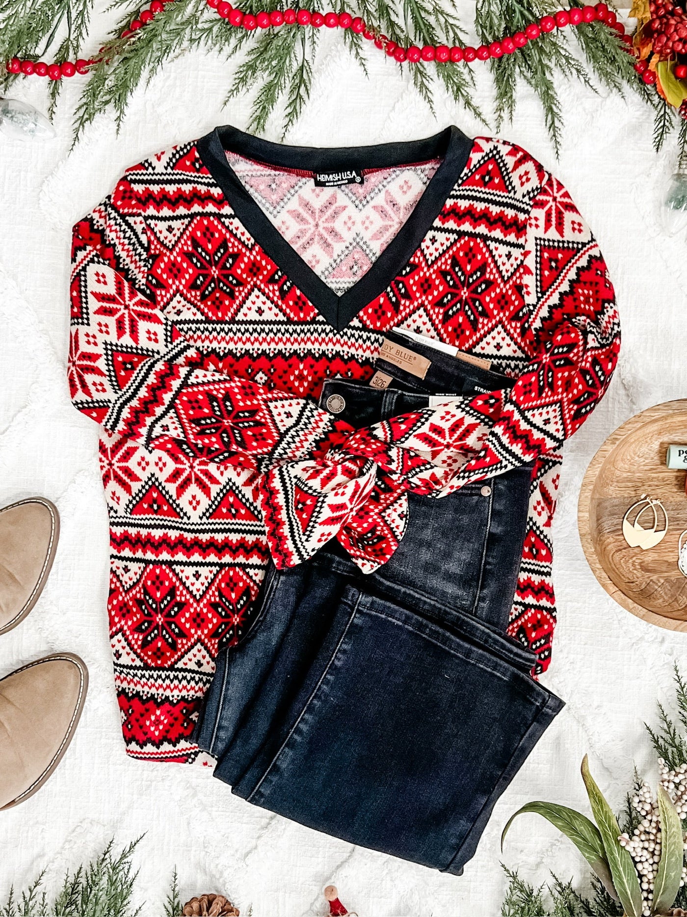 V Neck Sweater Knit Top In Red Snowflake