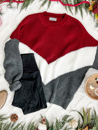 Cozy Knit Sweater In Burgundy White & Grey Chevron