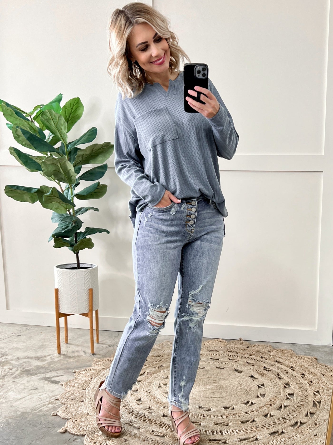 Long Sleeve Pointelle Henley Top In Blue Haze