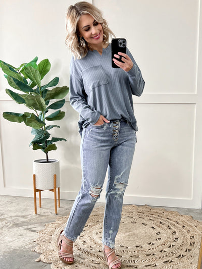 Long Sleeve Pointelle Henley Top In Blue Haze