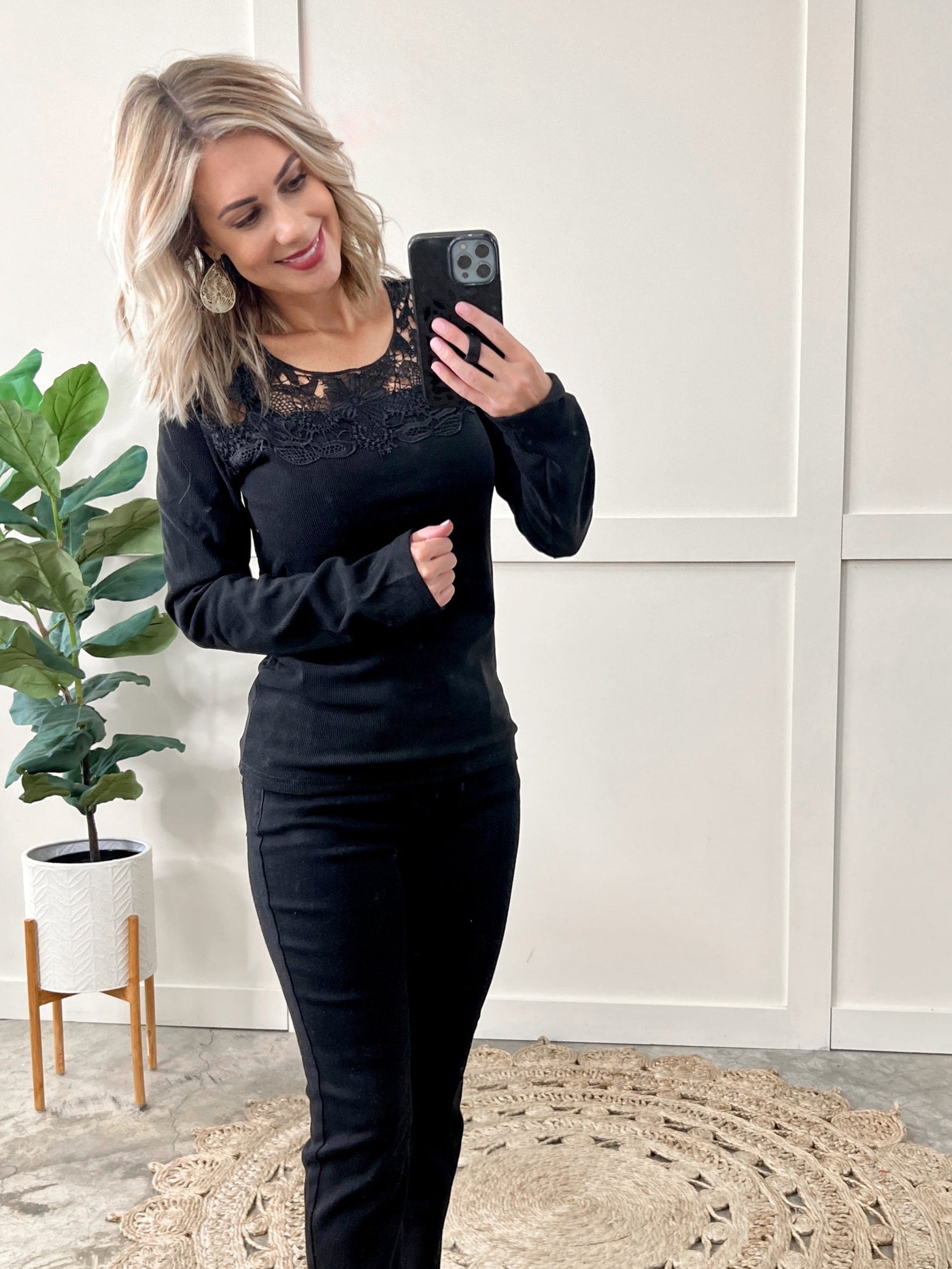 Micro Ribbed Lace Detailed Top In Rich Black Beauty