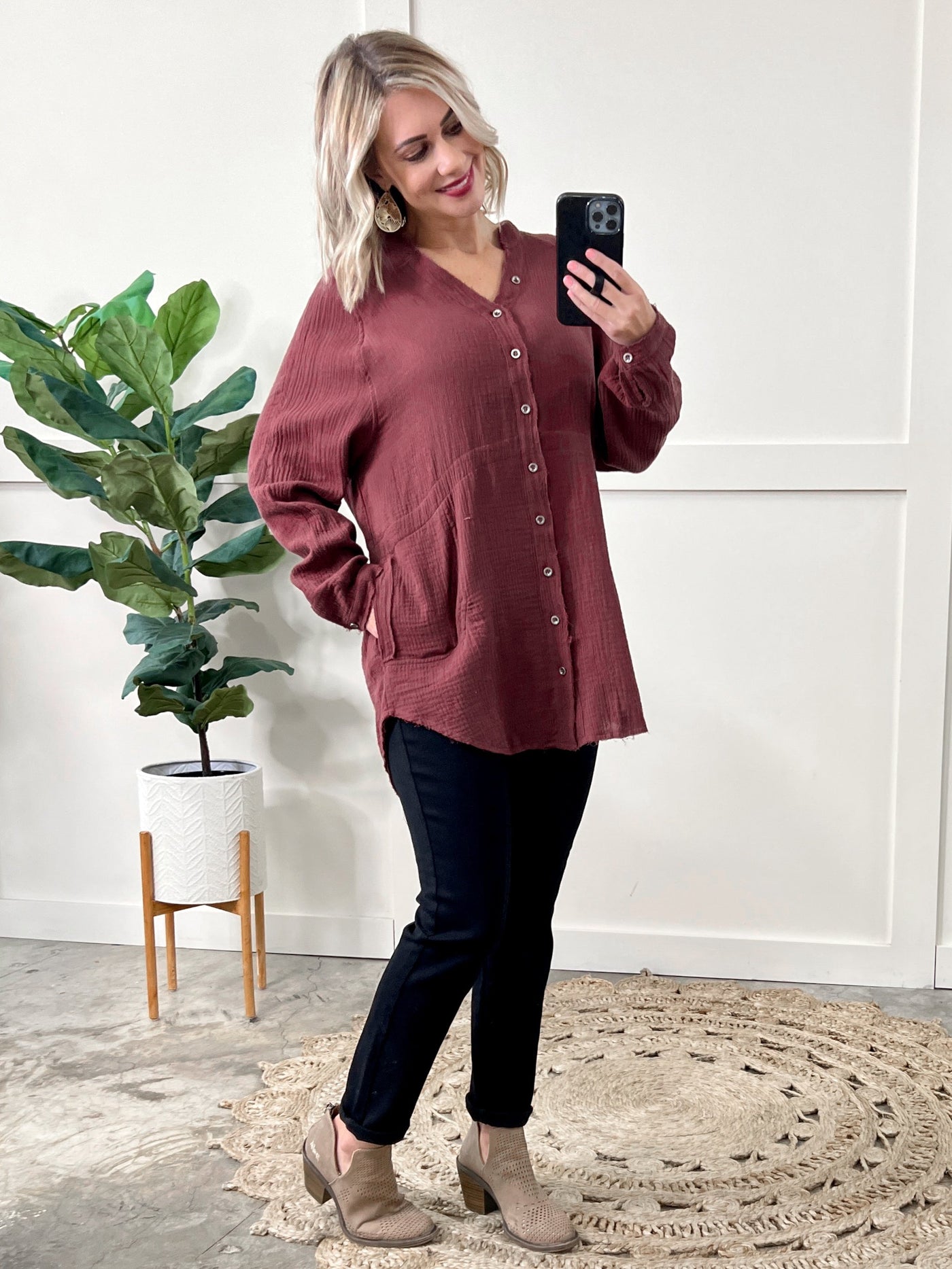 Button Front Gauze Top In Fall Berry