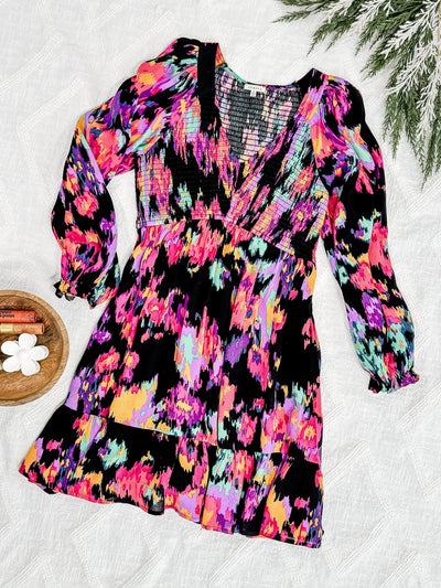 Smocked Long Sleeve Dress In Abstract Colors