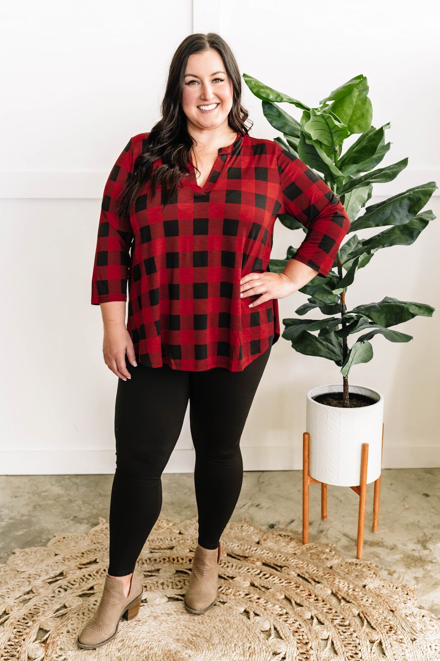 Stretchy Gabby Front Top In Red Buffalo Plaid