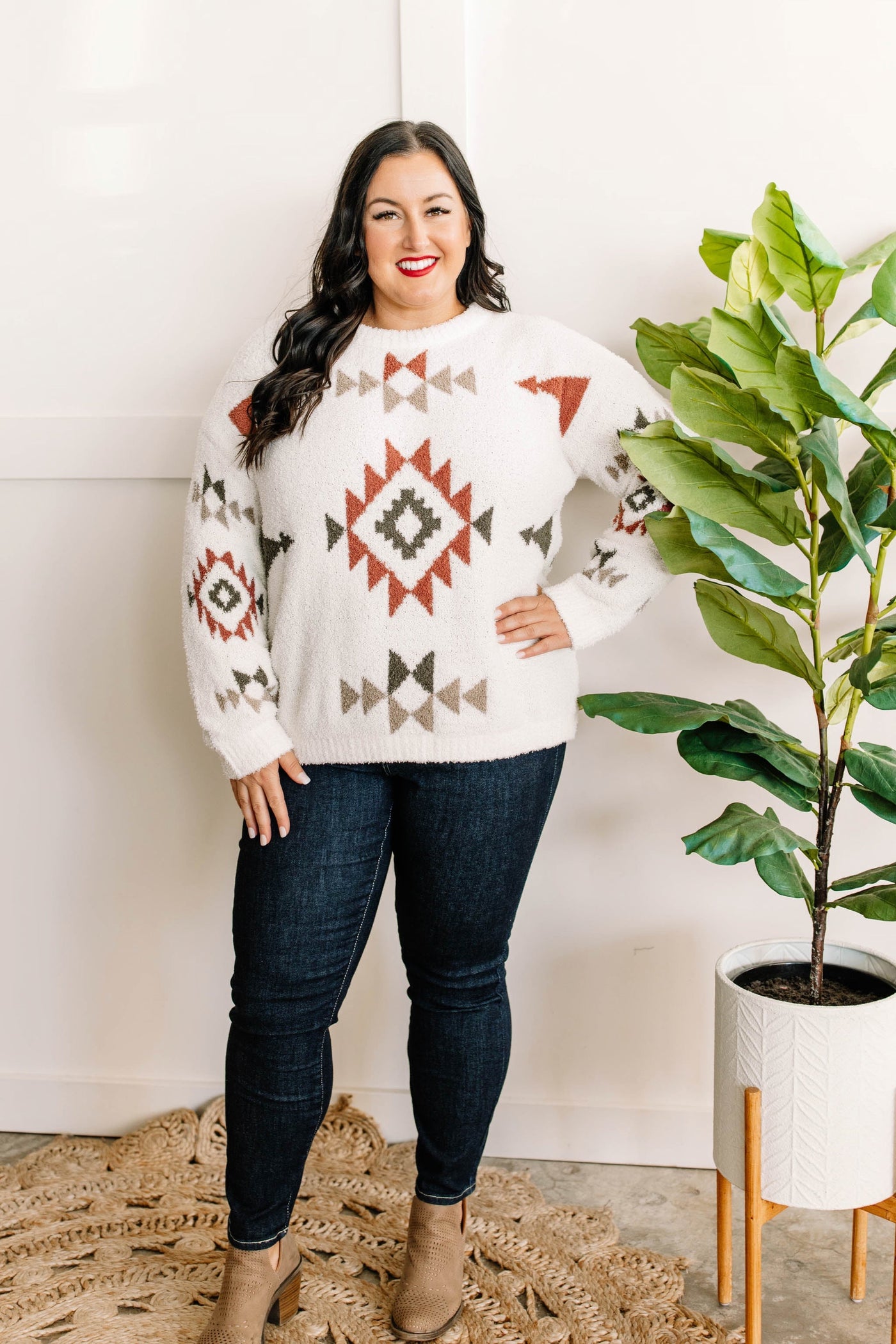 Popcorn Aztec Sweater In Cream, Olive & Rust