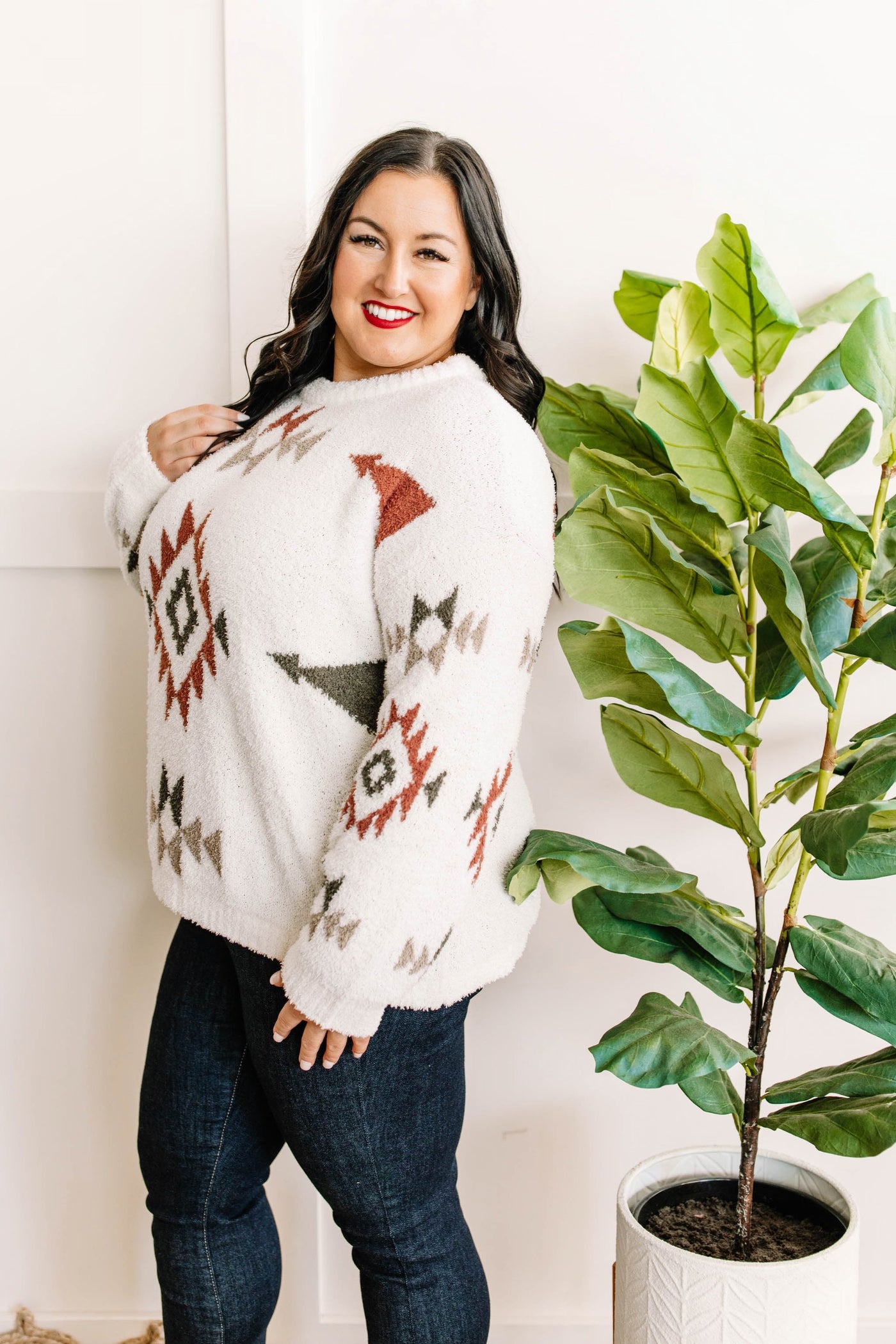 Popcorn Aztec Sweater In Cream, Olive & Rust