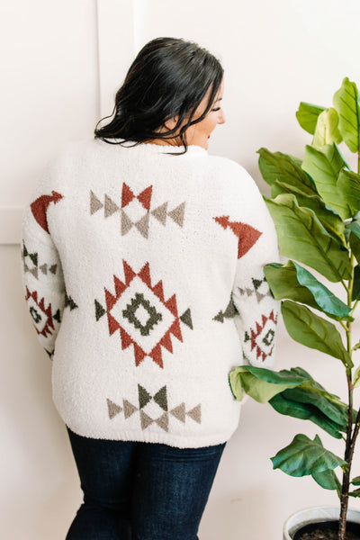 Popcorn Aztec Sweater In Cream, Olive & Rust