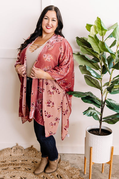 Ultra Soft Velvet Floral Kimono In Dusty Pink