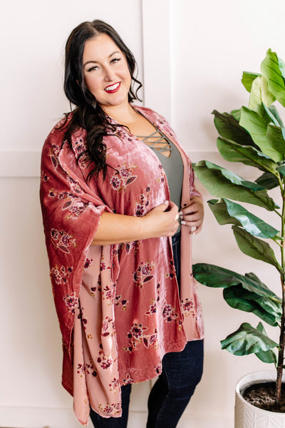 Ultra Soft Velvet Floral Kimono In Dusty Pink