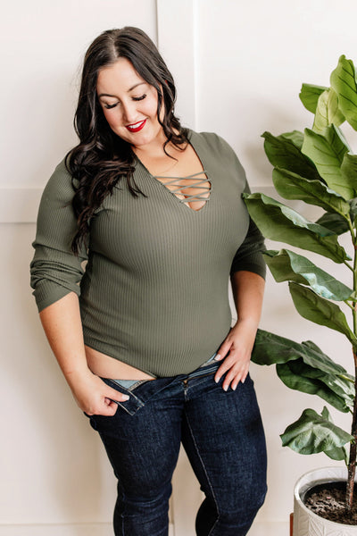 Lace Up Long Sleeve Bodysuit In Olive