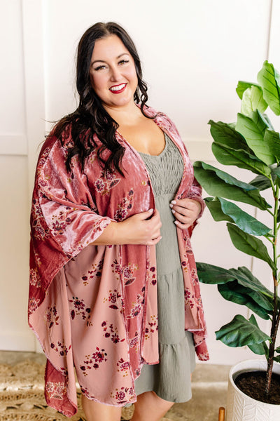 Ultra Soft Velvet Floral Kimono In Dusty Pink