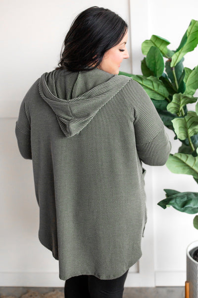 Ribbed Hooded Cardigan In Spruce