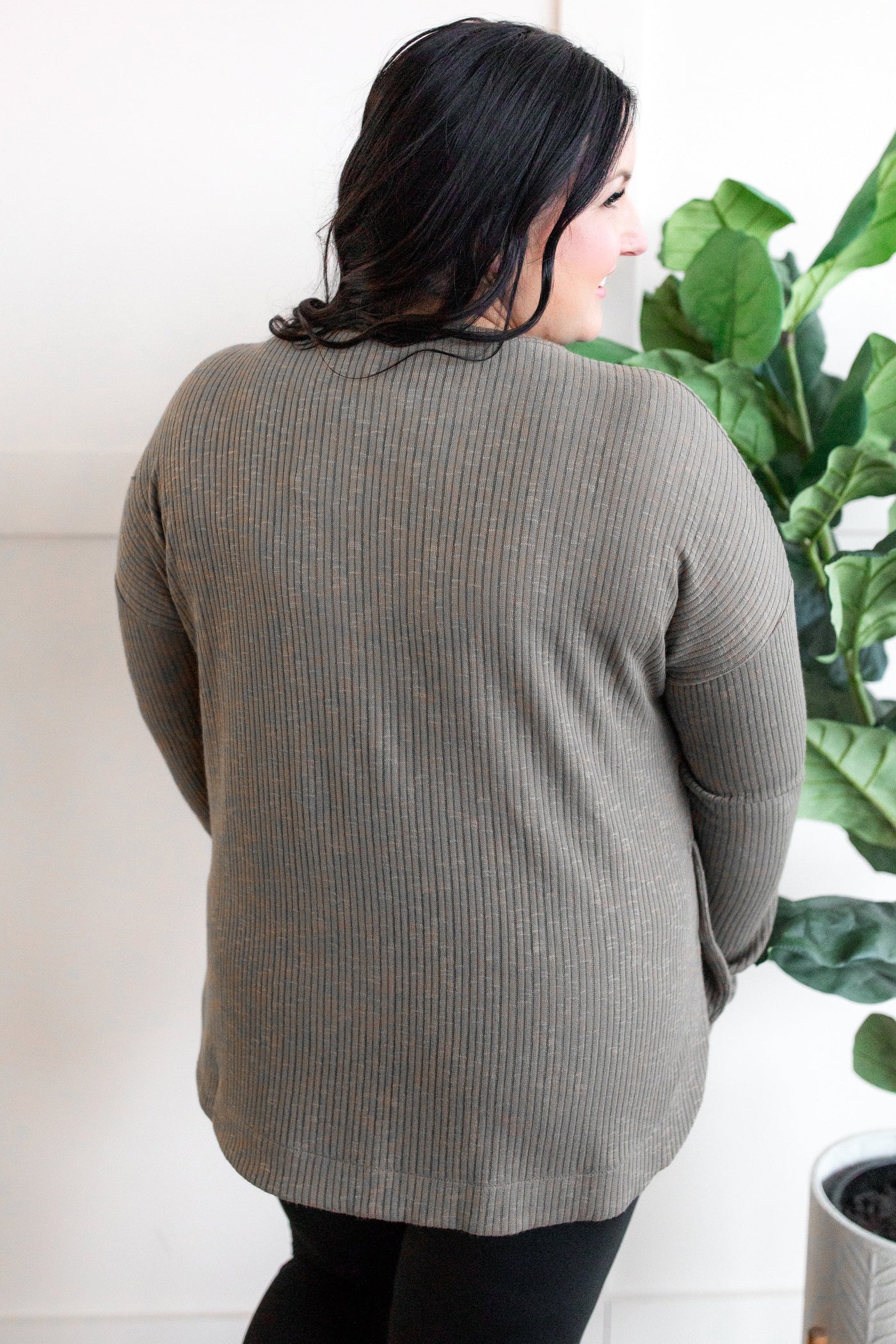Ribbed Long Sleeve Top With Side Button Detail In Heathered Olive