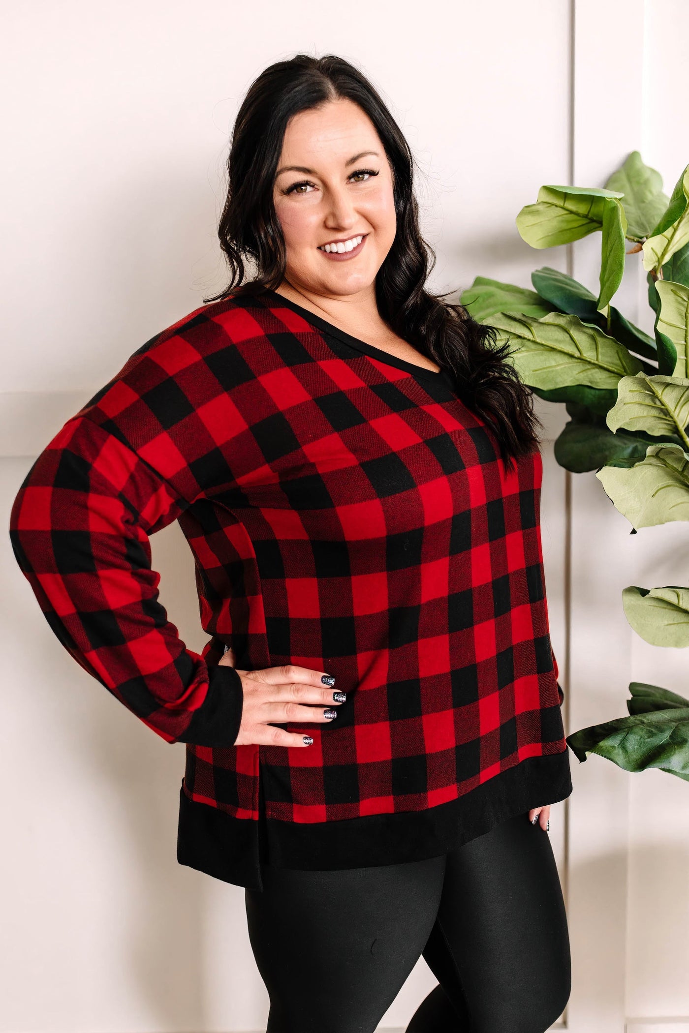 V Neck Long Sleeve Knit Top In Red Buffalo Plaid