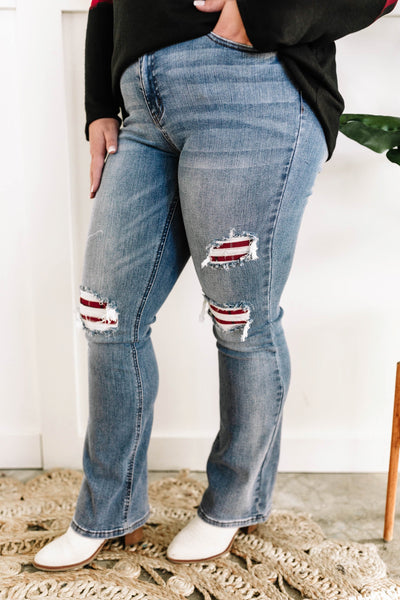 Mid Rise Bootcut Judy Blue Jeans With Plaid Patch Detail