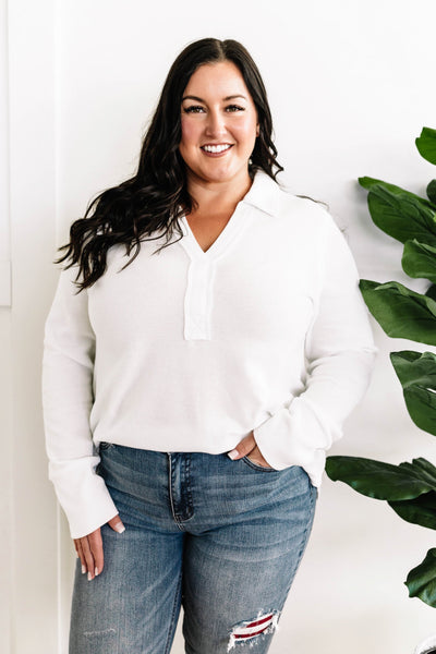 Collared Long Sleeve Thermal Knit Top In White