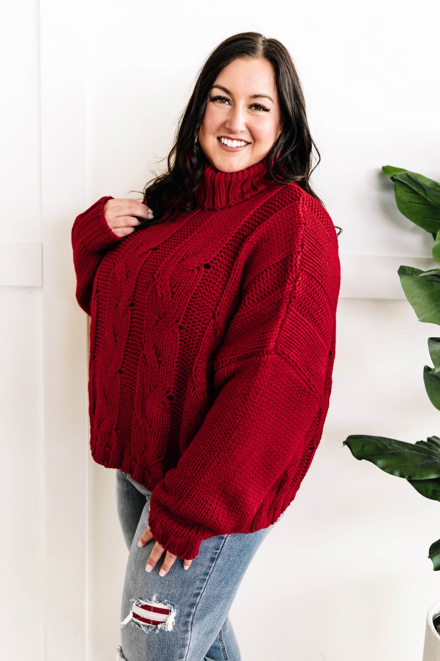 Cozy Cable Knit Sweater In Christmas Red