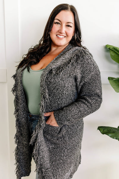 Hooded Fringe Open Front Cardigan In Heathered Grey