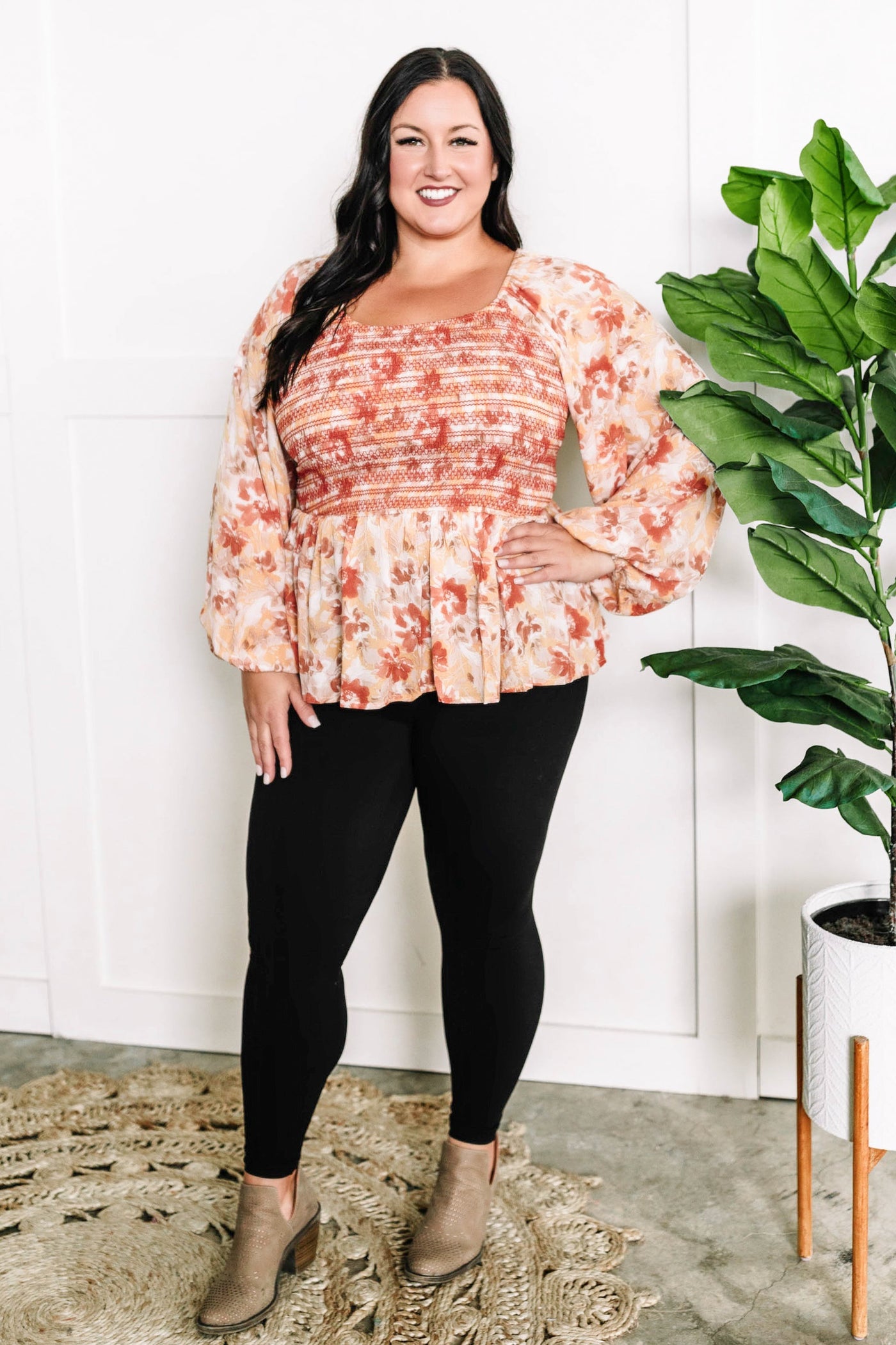 Embroidered Smocked Peplum Blouse In October Florals