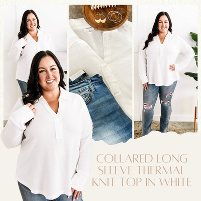 Collared Long Sleeve Thermal Knit Top In White