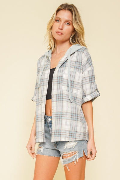 Hooded Short Sleeve Plaid Button Down
