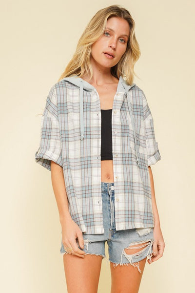 Hooded Short Sleeve Plaid Button Down