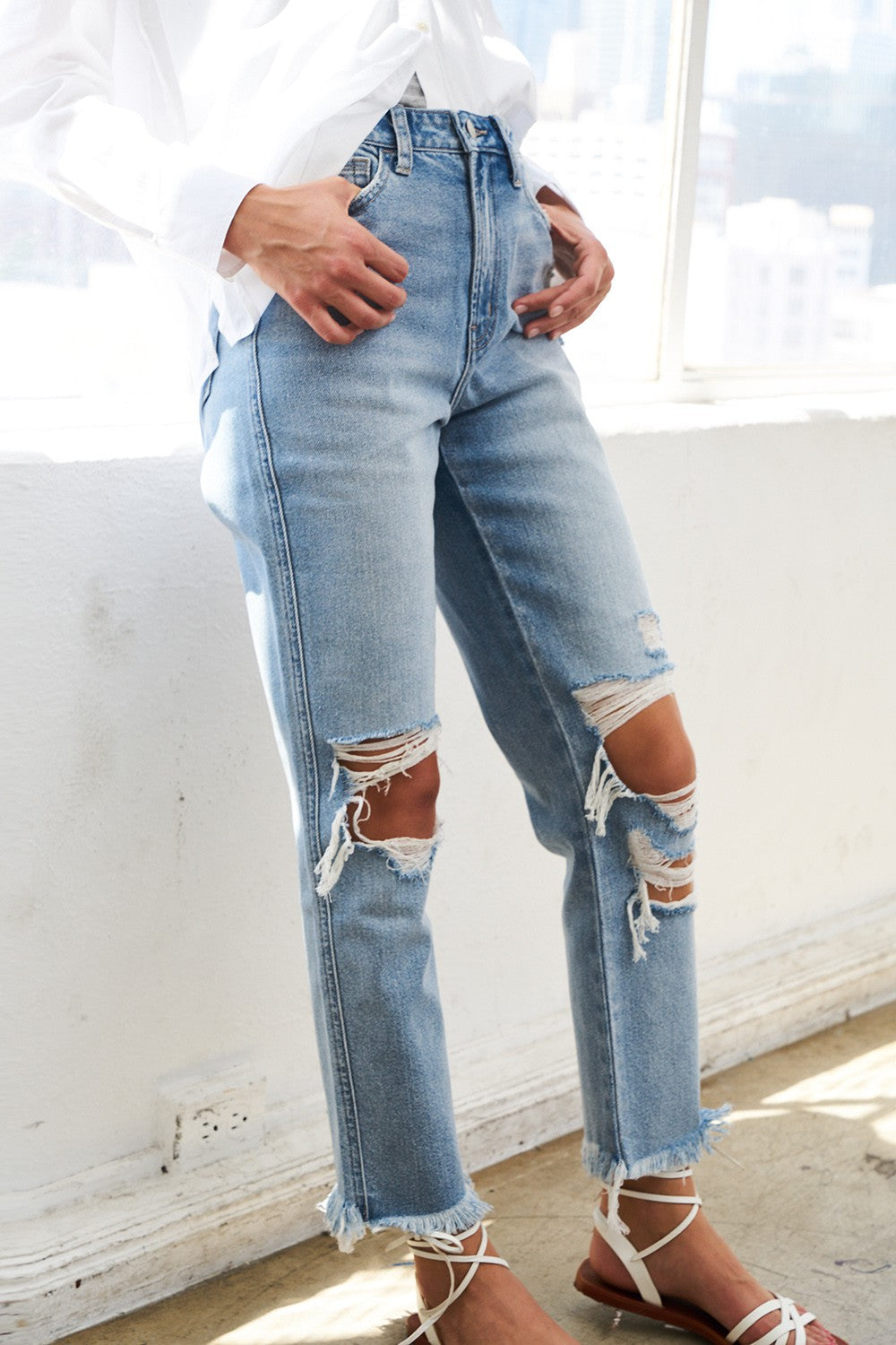 Super High Rise Distressed Relaxed Straight Denim